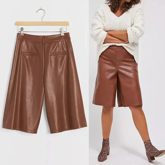 NEW Anthropologie Davina Faux Leather Culottes Pants Plus 14P Cognac Brown $128 - Picture 3 of 16